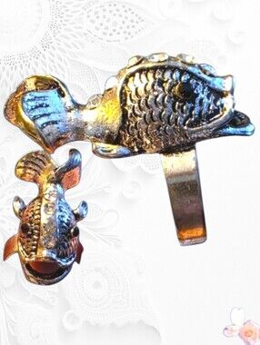Vintage Crystal Fish Ring Adjustable Silver Statement 107